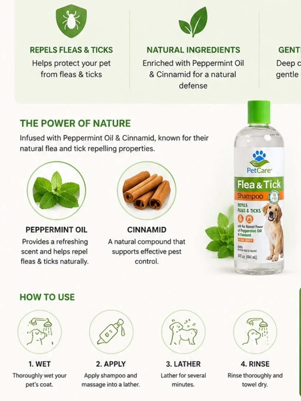 PLANT BASE | PetCare Flea & Tick Shampoo 414ml (14 fl oz) for Dogs | Fresh Sent